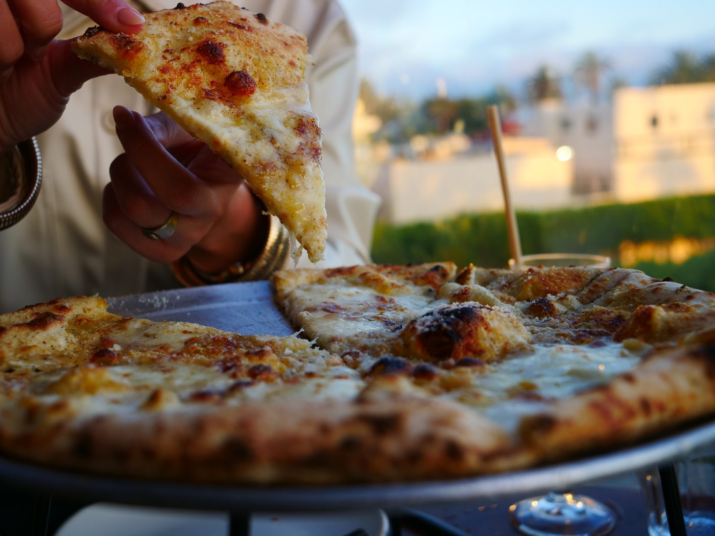 Élephante Beach House — pizza at golden hour, Santa Monica
